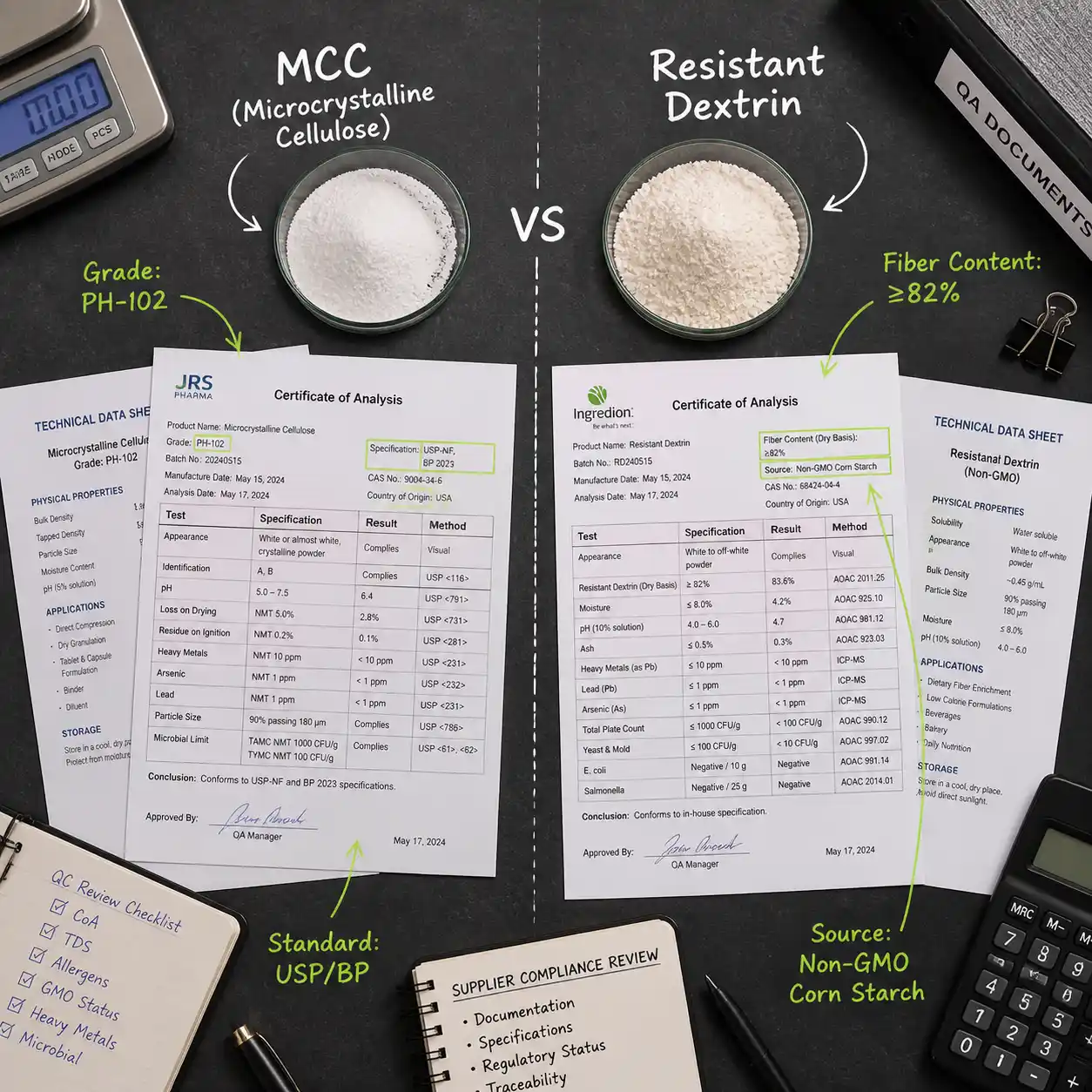 MCC versus dextrin specification documents