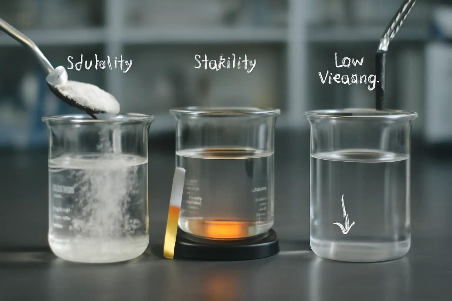 A visual representation of resistant dextrin's properties: solubility, stability, and low viscosity.