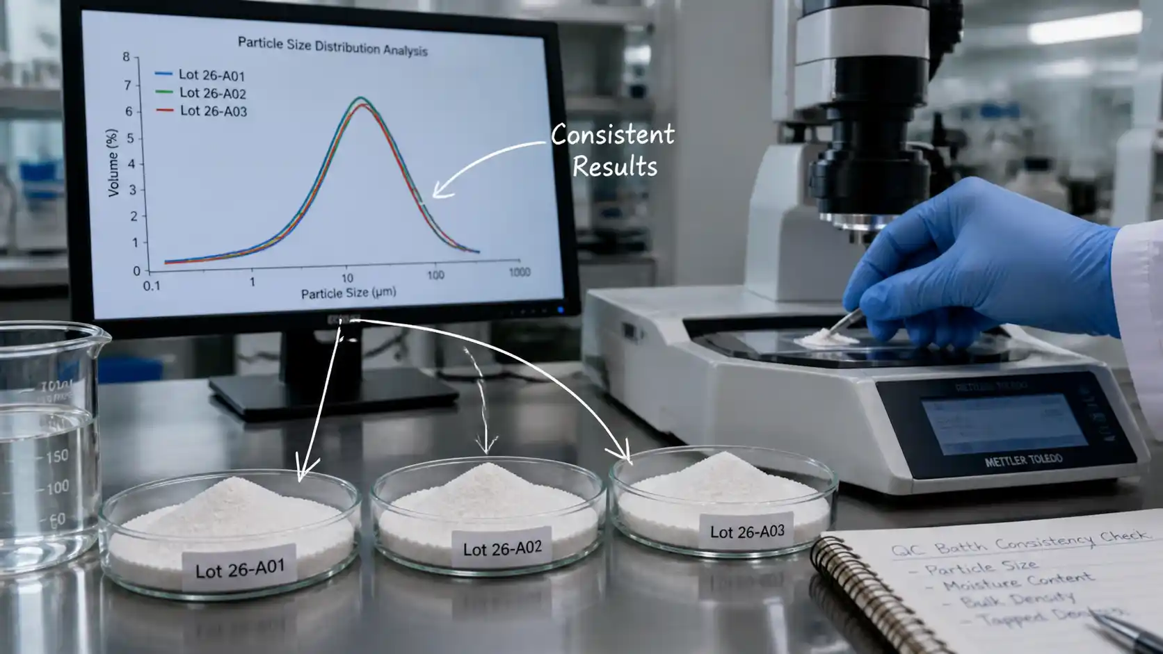 QC lab testing batch-to-batch consistency of MCC powder