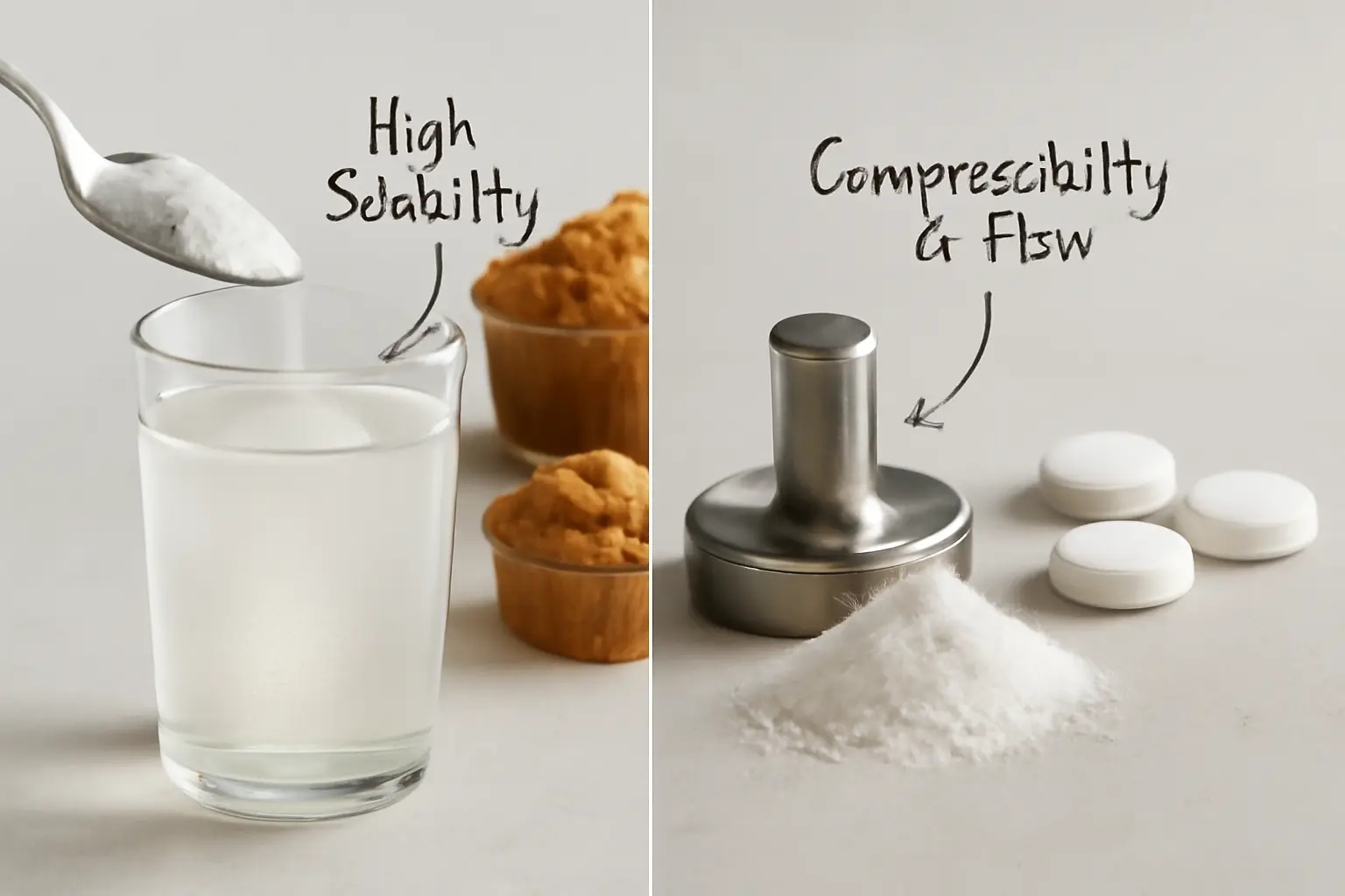 Visual comparison of Resistant Dextrin for beverages and MCC for tablets.
