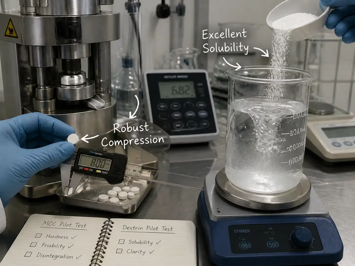 Testes-piloto em laboratório para compressão de comprimidos de MCC e solubilidade da dextrina resistente
