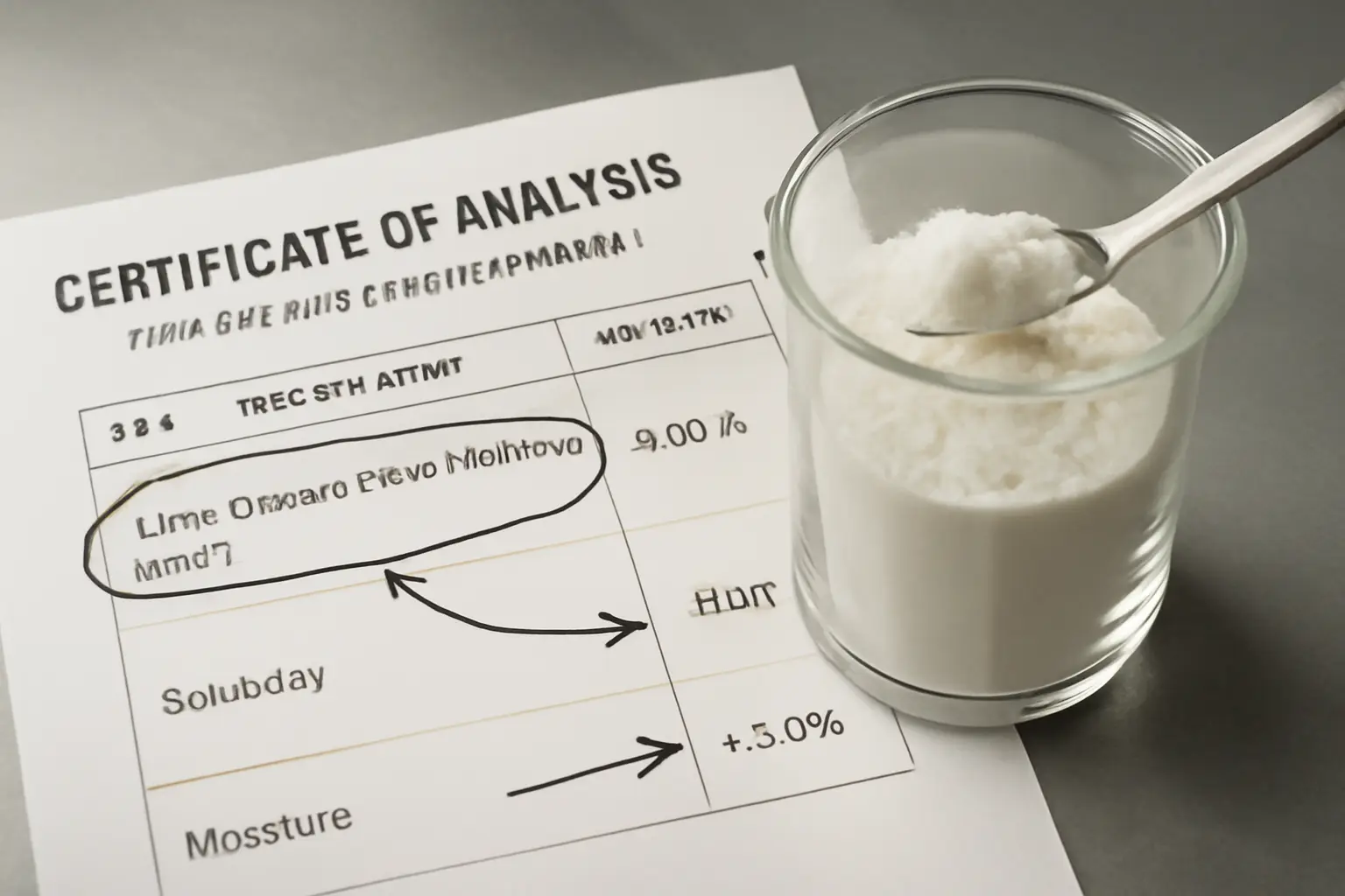 A close-up of a resistant dextrin COA highlighting key performance specs.
