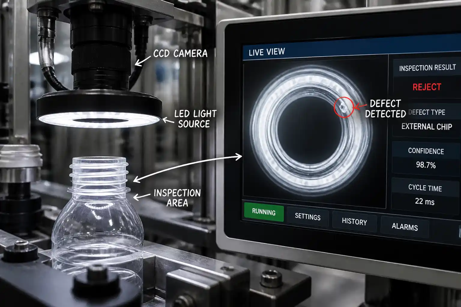 Camera inspects bottle mouth and HMI Camera inspects bottle mouth and HMI