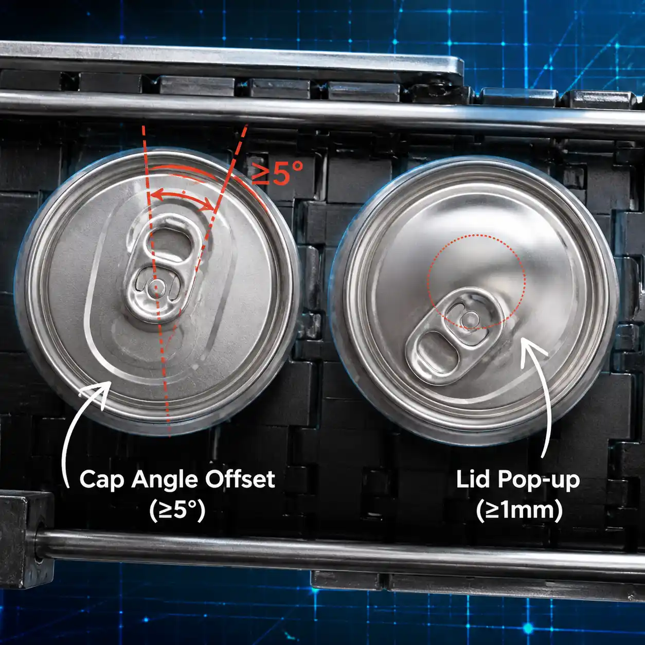 Can cap defects angle offset and lid pop-up