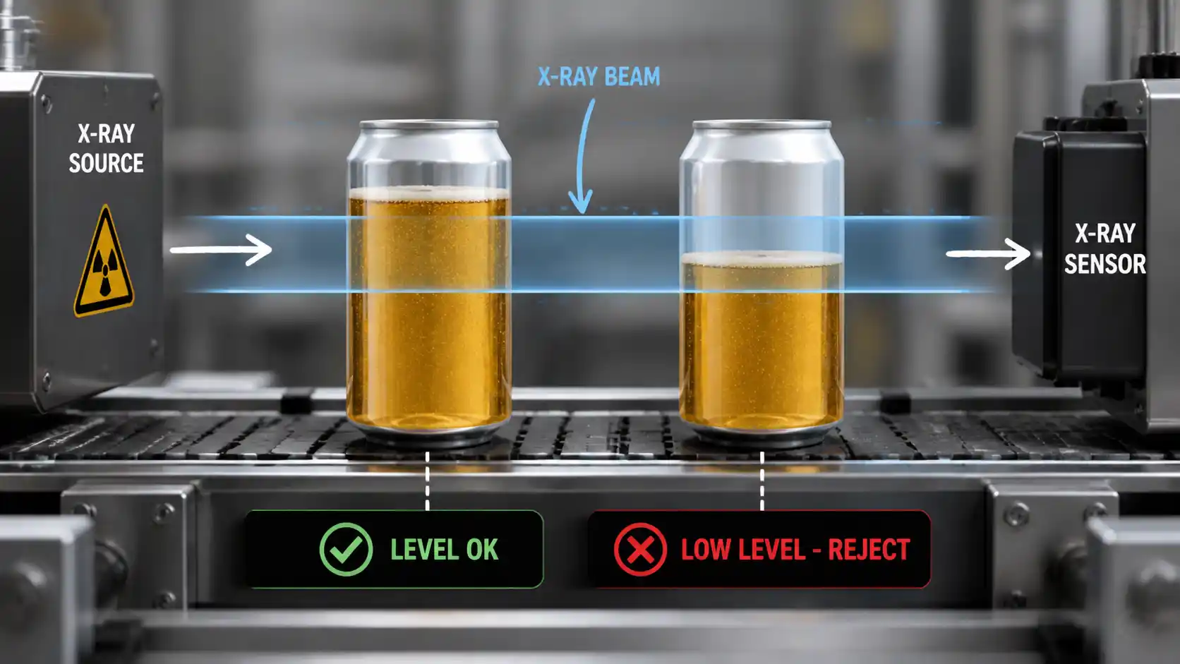 Diagram illustrating X-ray detection of correct vs. underfilled cans Diagram illustrating X-ray detection of correct vs. underfilled cans