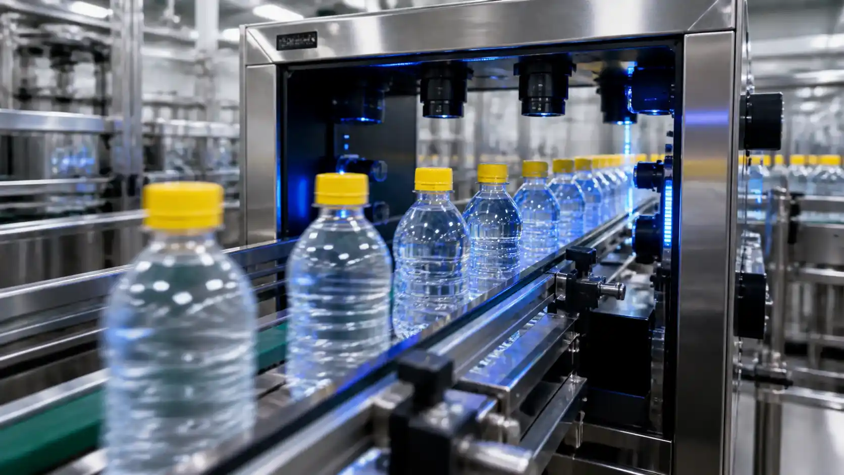 Botol PET yang dipindai oleh mesin inspeksi kode Botol PET yang dipindai oleh mesin inspeksi kode